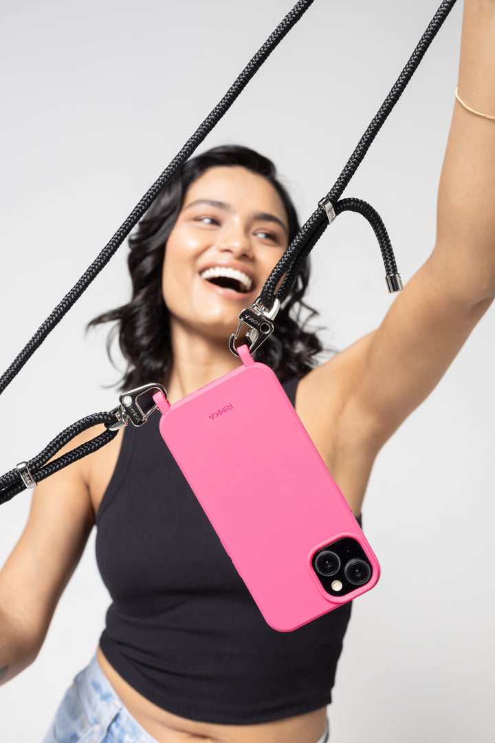 Stylish Crossbody Phone Strap – Pink on Black