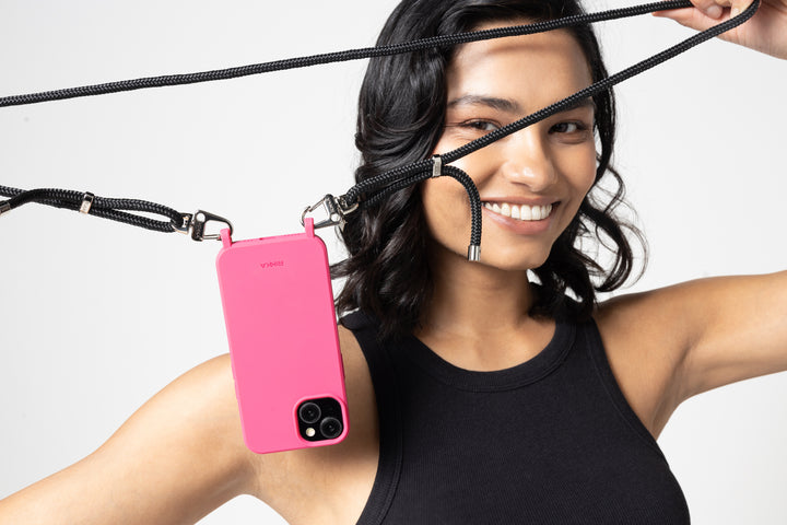 Stylish Crossbody Phone Strap – Pink on Black