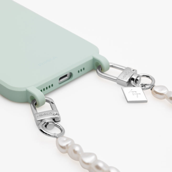 mint phone case with silver pearl wrist phone strap